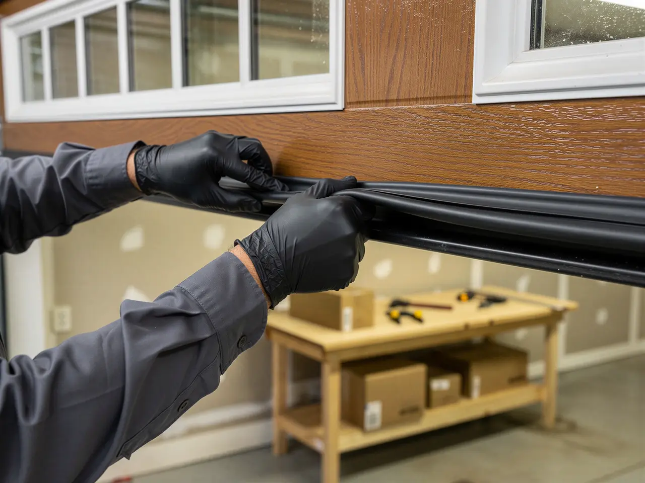 A technician's gloved hands install weather stripping on a brown garage door.