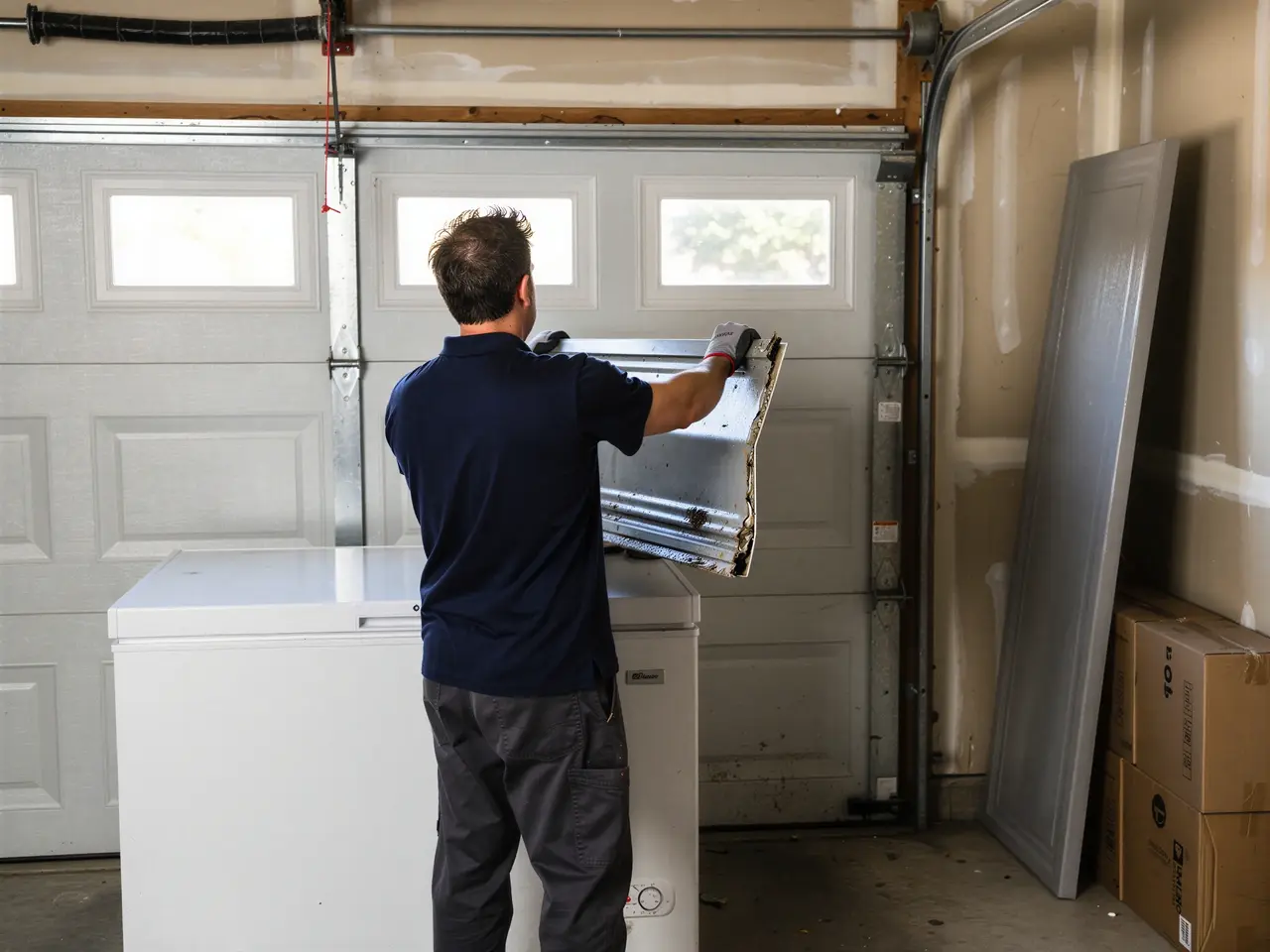 A technician is removing a damaged panel from a white garage door.